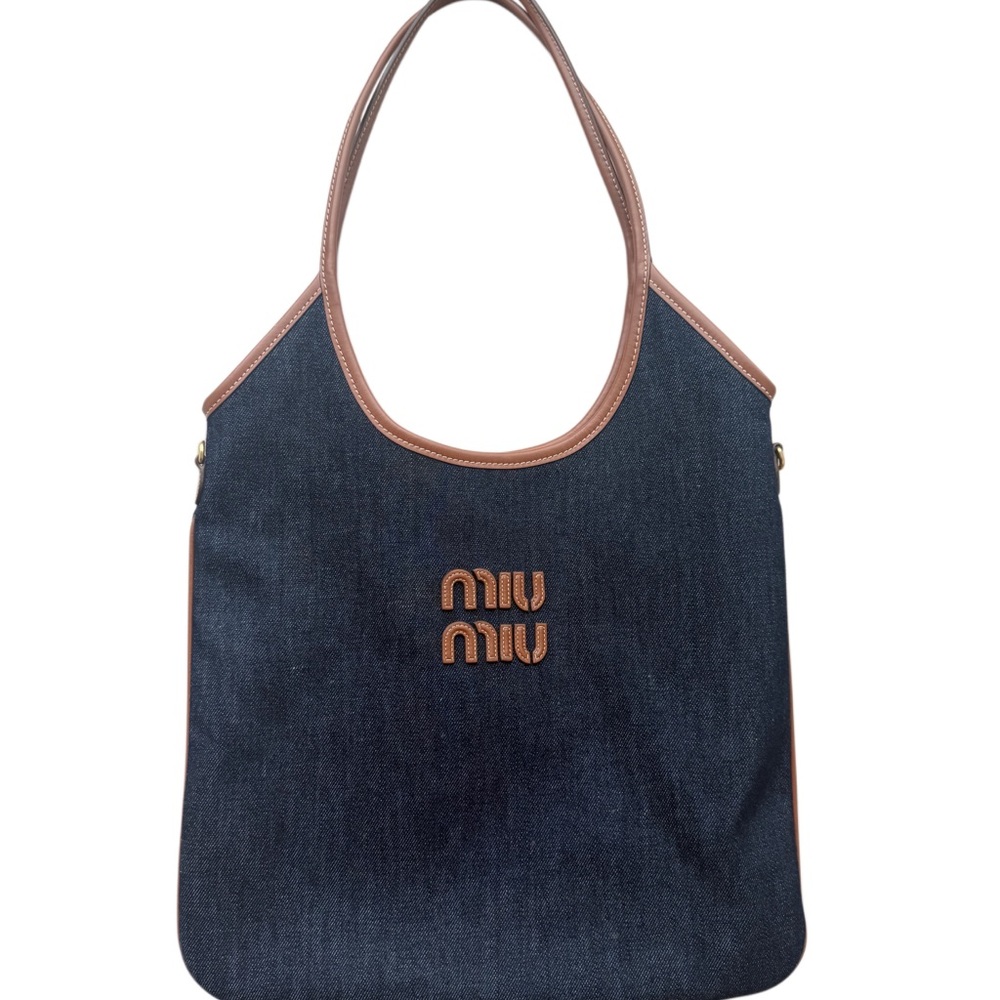 Miu Miu Navy Denim Tote with Brown Leather Trim